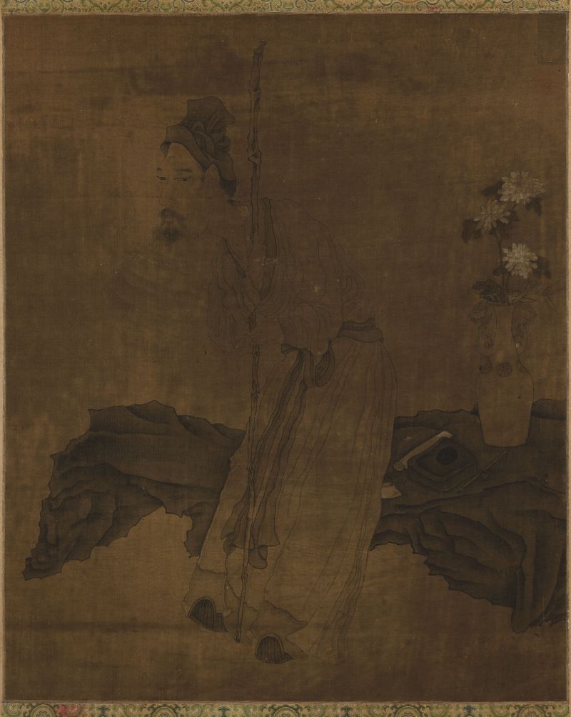 Sabio sosteniendo un largo bastón, seda de Chen Hongshou