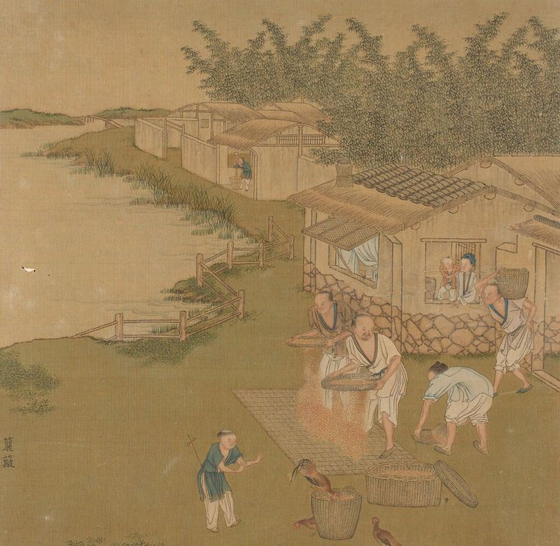 Genre scene of silk production by Qiu Ying, silk medium