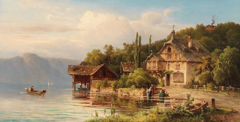 Mujeres lavando en la orilla del lago, óleo sobre lienzo de Anton Hugo Ullik