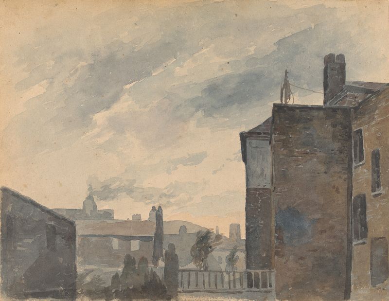 Ciudad Escena con Edificios de Thomas Sully, pintura al óleo que representa la arquitectura urbana y la luz.