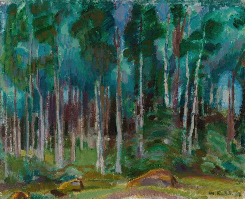 Birches in Vääksy by Magnus Enckell, oil on canvas depicting birch trees illuminated by soft light.