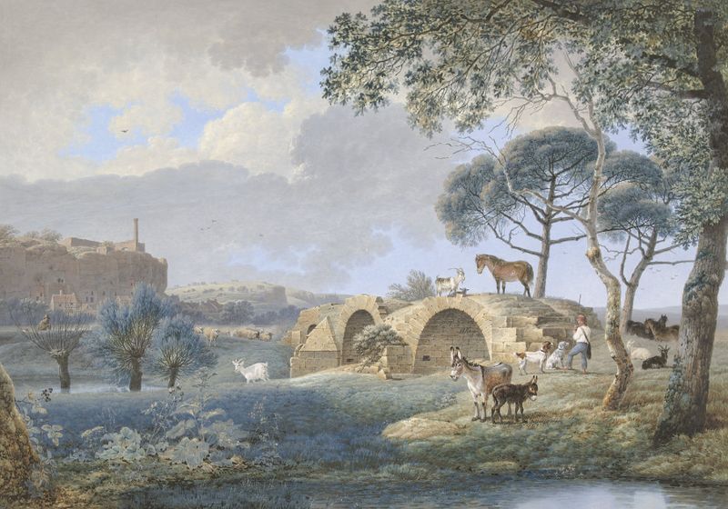 Pintura al óleo de paisaje de Josephus Augustus Knip que muestra un pueblo en ruinas con tonos suaves.