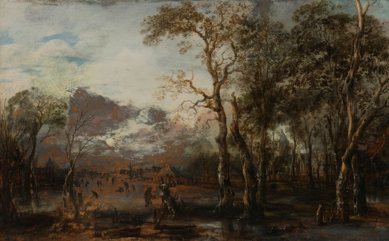 Paisagem arborizada com caçador, óleo sobre painel de Aert van der Neer