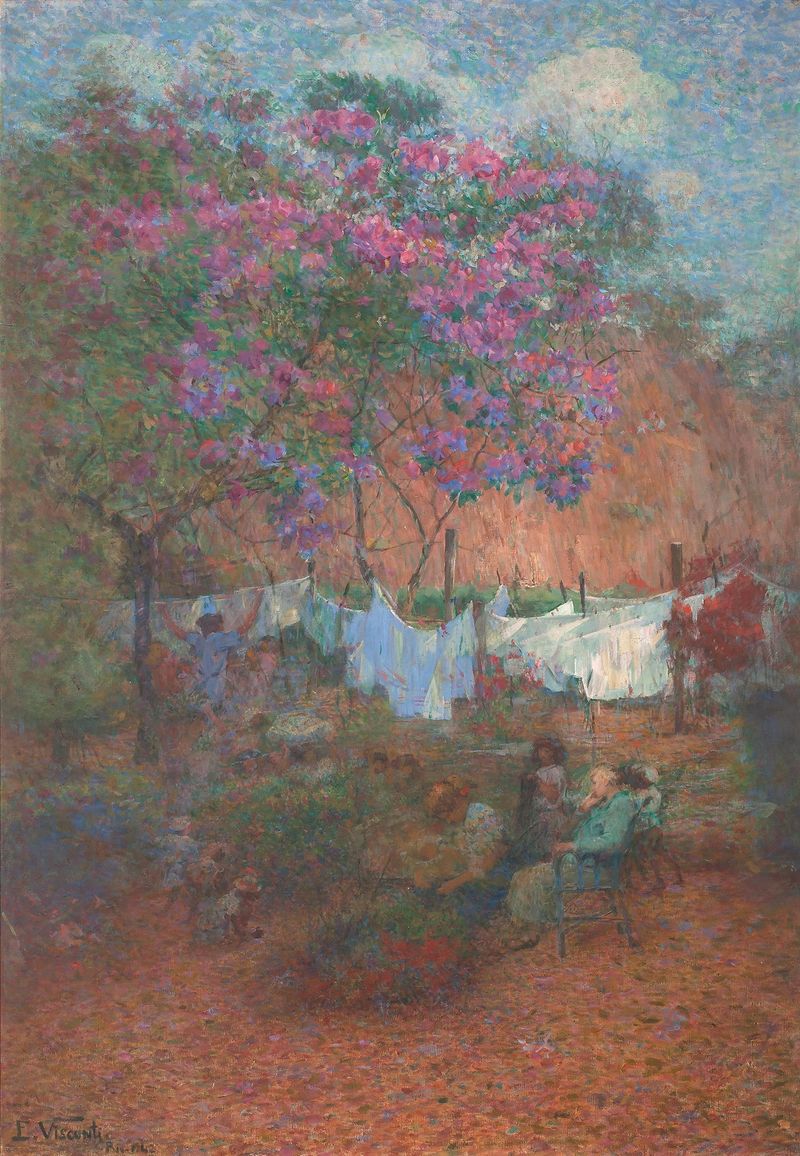 Pintura figurativa al óleo de Eliseu Visconti que muestra una figura en medio de colores profundos.