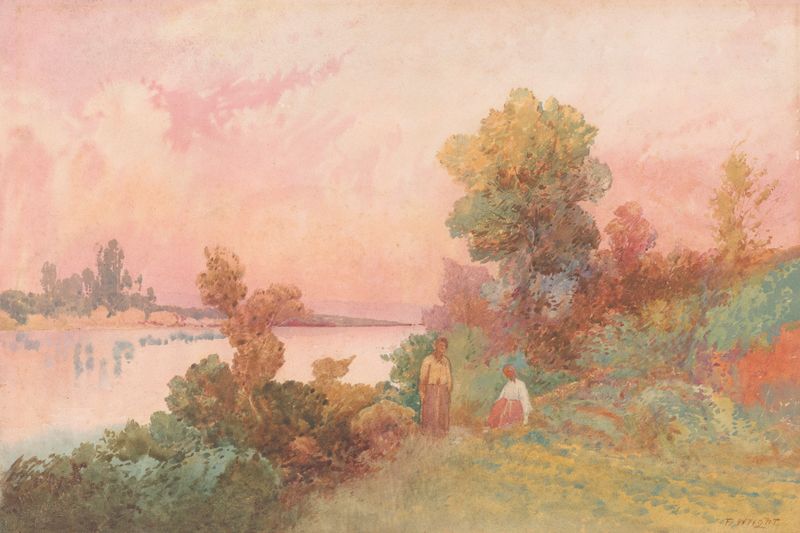 Waikato River with figures by Frank Wright, oil painting depicting a serene landscape with figures by the river.