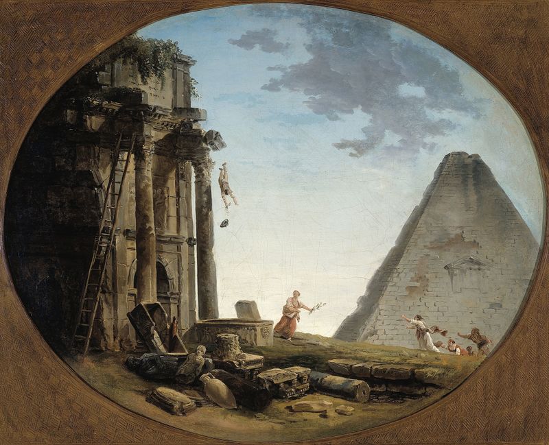 L’Accident de Hubert Robert, óleo que muestra ruinas y un arco al atardecer.