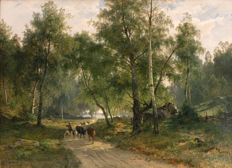 Beneath the Birches, oil painting by Edvard Bergh, featuring birch trees and a serene landscape.
