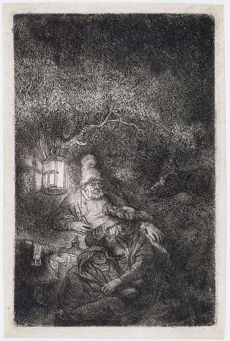 Gravura de Rembrandt van Rijn mostrando a sagrada família descansando em uma cena noturna