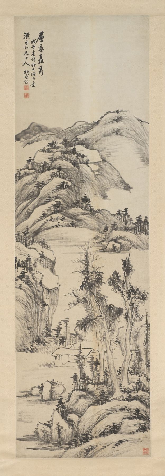 Paisaje de Jiang Yun, tinta que representa montañas al amanecer.