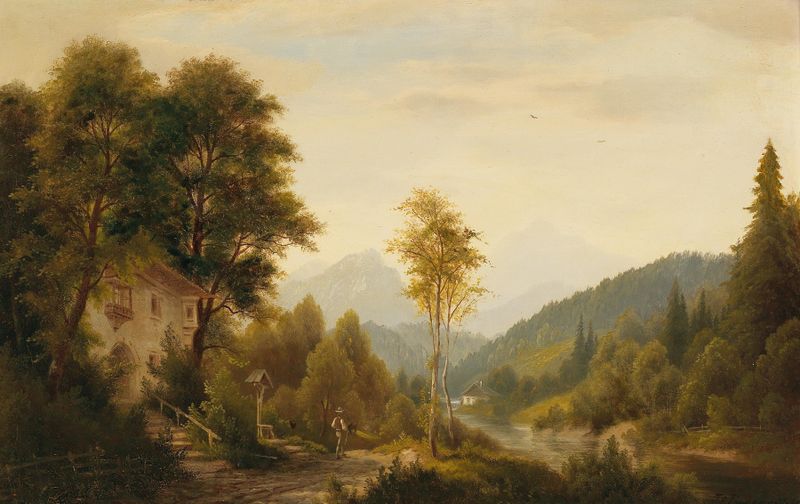 Winter landscape with decorative figures by Josef Burgaritzky, medium unknown