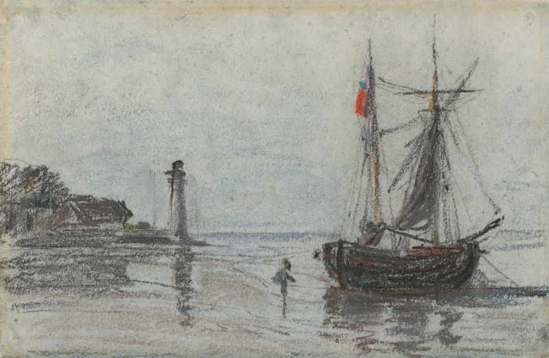 Paisaje con atardecer sobre agua y hierba de Eugène Boudin, óleo