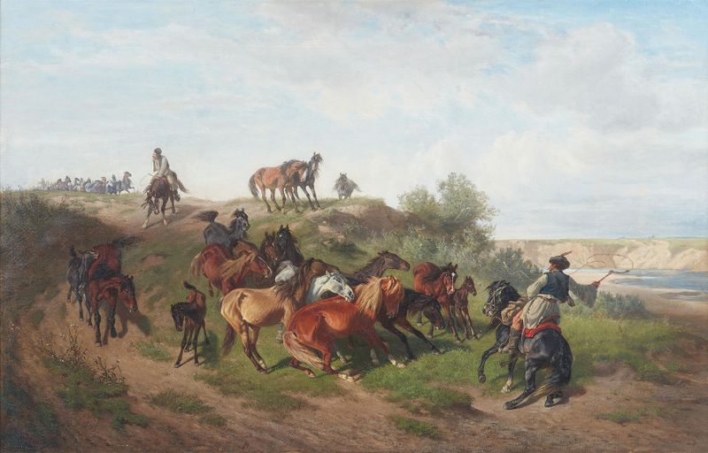 Caballos salvajes galopando por la Puszta, óleo sobre lienzo de Heinrich Lang