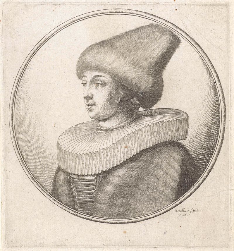 Retrato de uma mulher com colar plissado e chapéu de pele, gravura de Wenceslaus Hollar