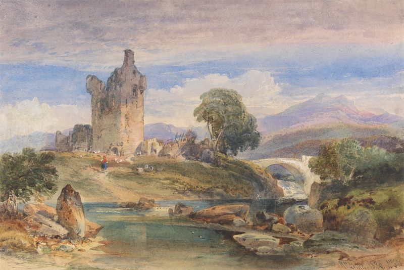Paisaje con un castillo en ruinas sobre el Esk, óleo sobre lienzo de Richard Principle Leitch