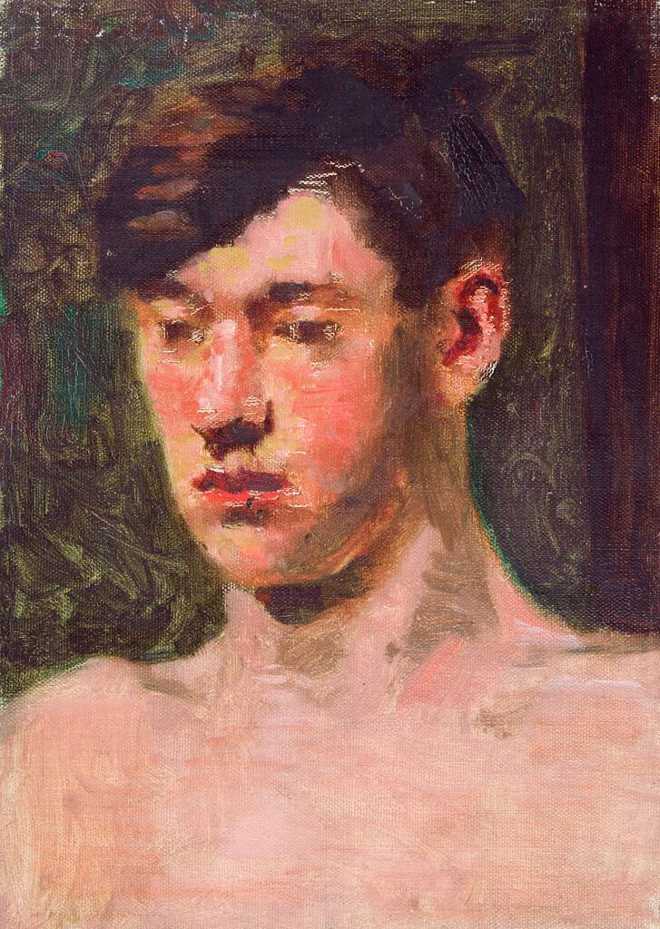 Retrato de um jovem por Denman Waldo Ross, óleo sobre tela, capturando um olhar intenso e luz suave.