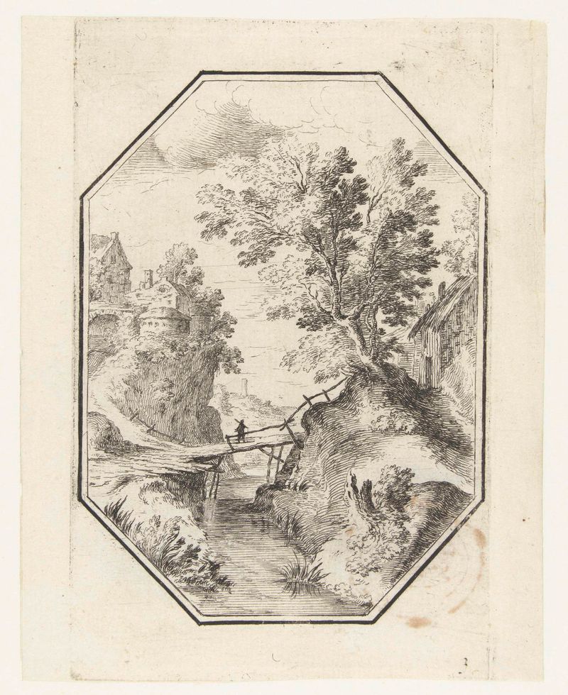 Landscape with a wooden bridge over a stream, etching by Unknown Artist