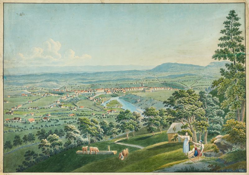 Landscape view from Gurten hill by Jakob Samuel Weibel, medium unknown.