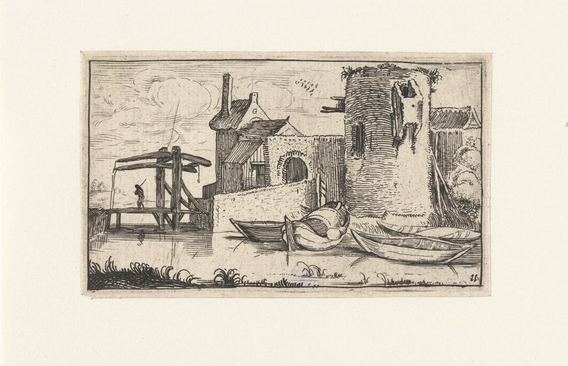 Grabado de Unknown Artist que muestra una torre y un puente en un paisaje