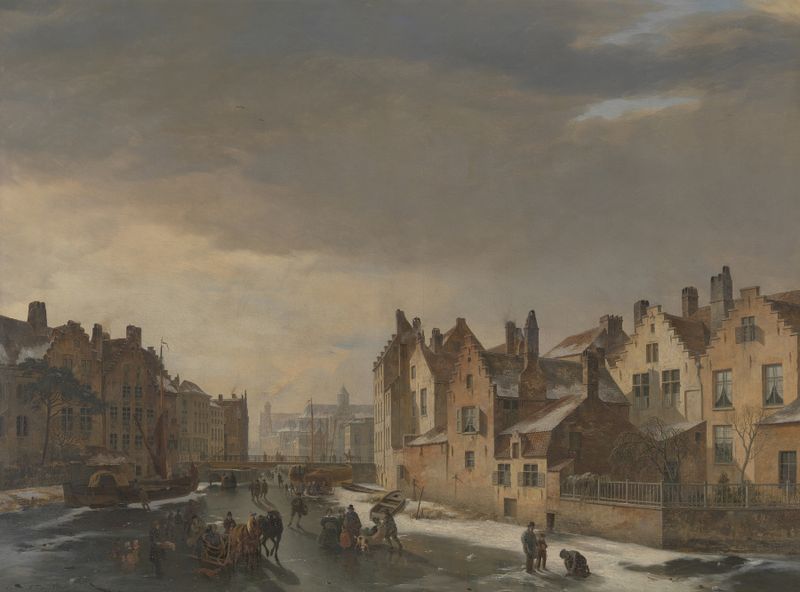 Winter Scene in Ghent by Pieter-Frans De Noter, oil painting depicting a snowy village landscape