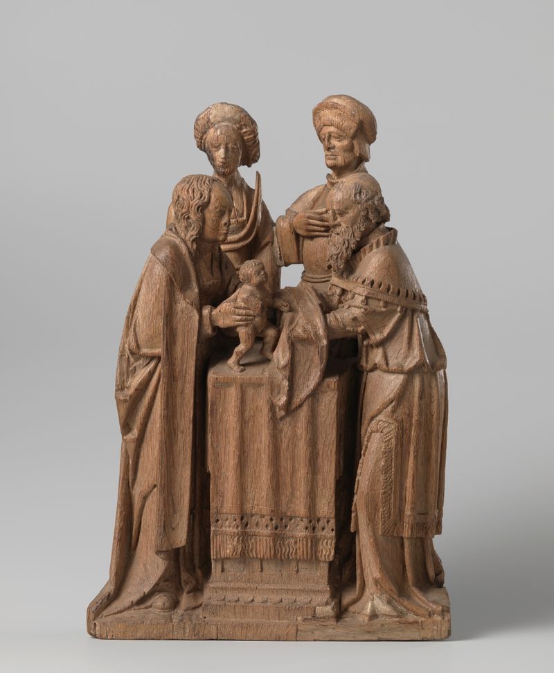 A Apresentação no Templo, carvalho, Artista Desconhecido, uma criança apresentada em um templo cercado por figuras.
