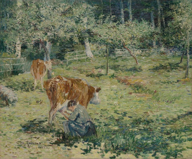 Landscape with rolling hills and figures, oil on canvas by Charles Angrand