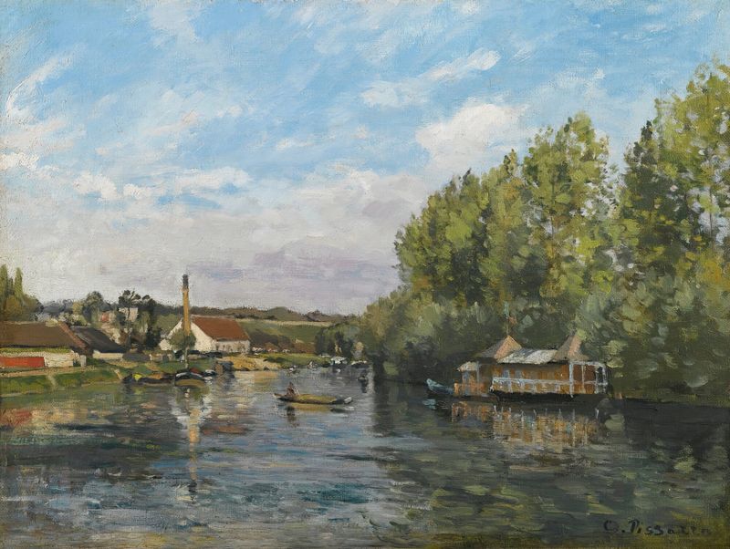 La Seine À Port-Marly de Camille Pissarro, pintura al óleo de un paisaje sereno del río.