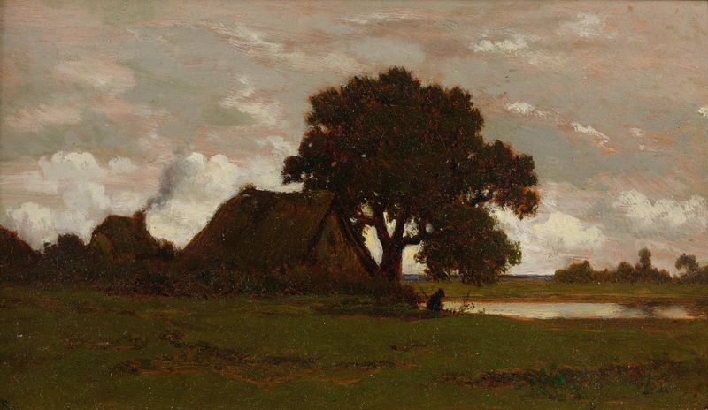 Paisaje con cabañas cerca de un lago, óleo sobre lienzo de Théodore Rousseau