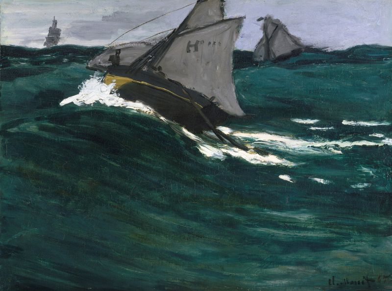 The Green Wave de Claude Monet, impressionismo, pintura a óleo que retrata ondas verdes vibrantes.