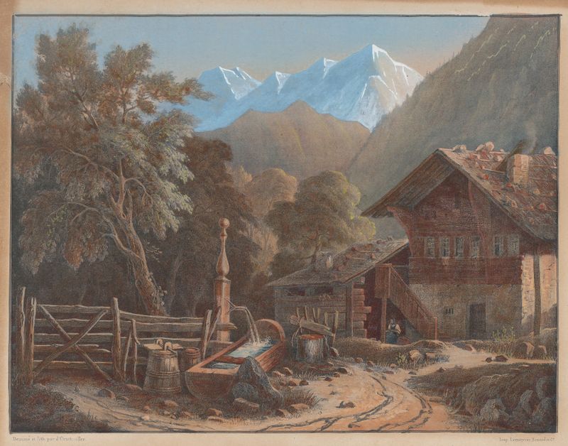 Alpine Scene by Henri Boug d'Orschwiller, oil painting depicting mountains and forest.
