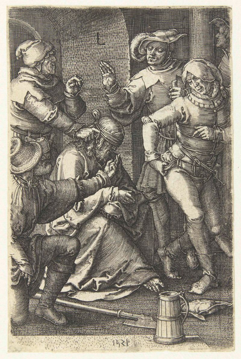 Gravura de Lucas van Leyden mostrando Cristo coroado de espinhos cercado por figuras de luto.