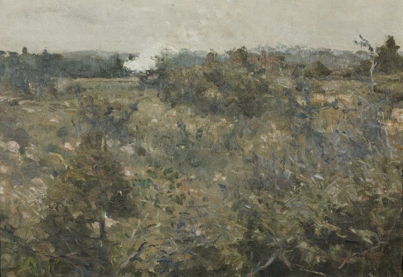 Landscape från Grez-sur-Loing de Karl Nordström, retratando um prado verde com flores silvestres, pintura a óleo.