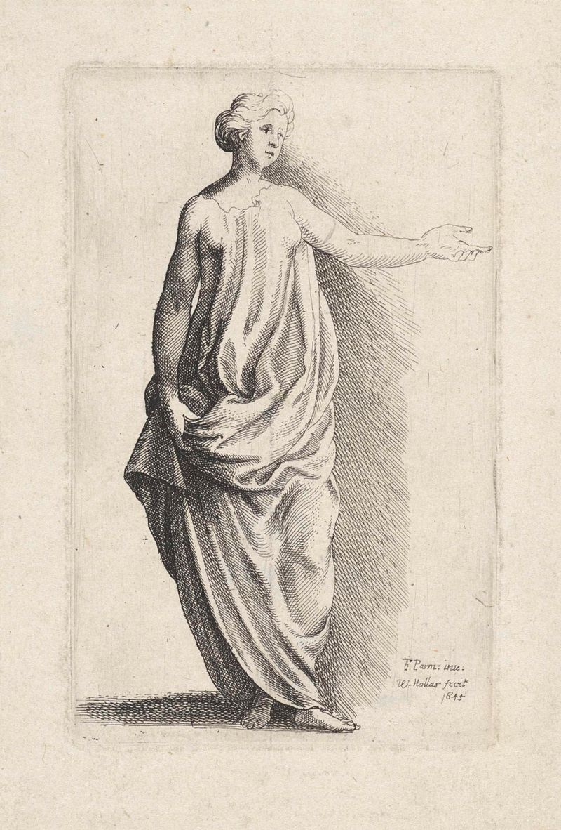 Retrato de una mujer de pie en atuendo clásico, grabado de Wenceslaus Hollar