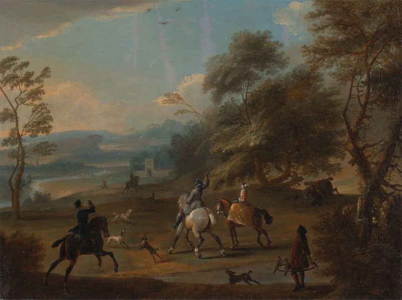 A Hawking Party by Jan Wyck, oil on canvas showing a gathering of figures in warm light.