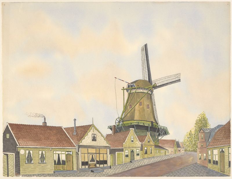 Paisagem com um moinho de vento e casas de Johannes Nicolaas Eijman, pintura a óleo