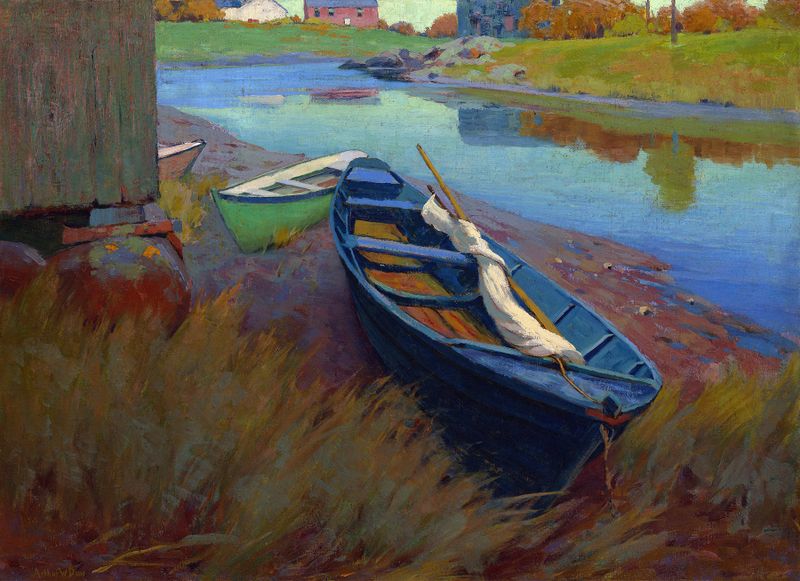 Watercolor by Arthur Wesley Dow depicting boats at rest on calm water