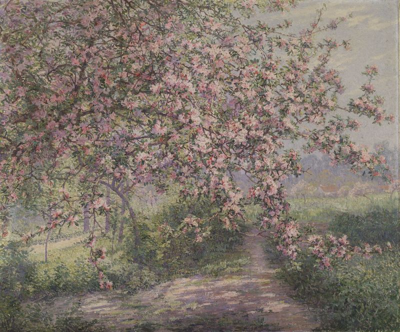 A Blossoming Apple Tree, oil on canvas by Juliette Wytsman-Trullemans, featuring pink and white blossoms.