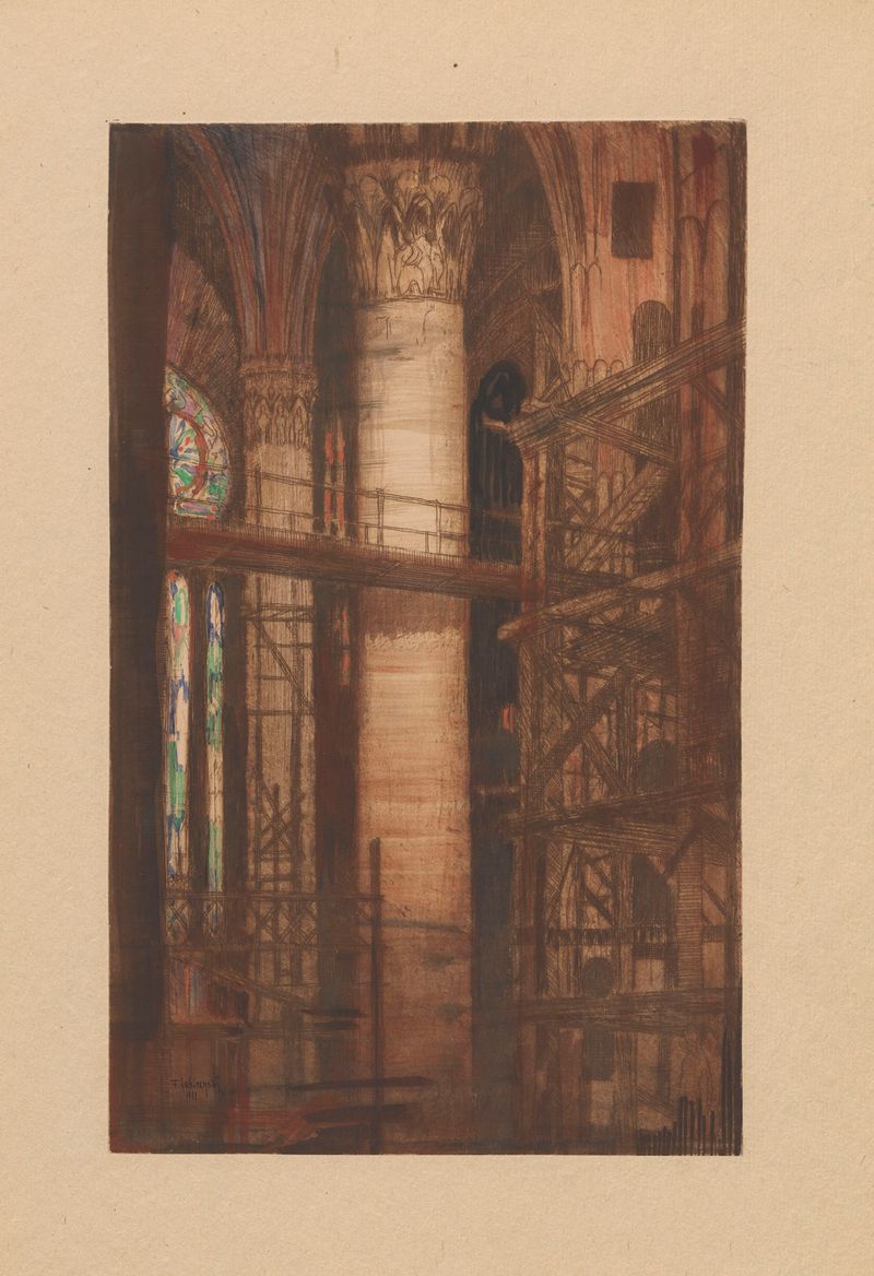 Interior de la iglesia, óleo de Feliks Jabłczyński con vitrales y un altar ornamentado.