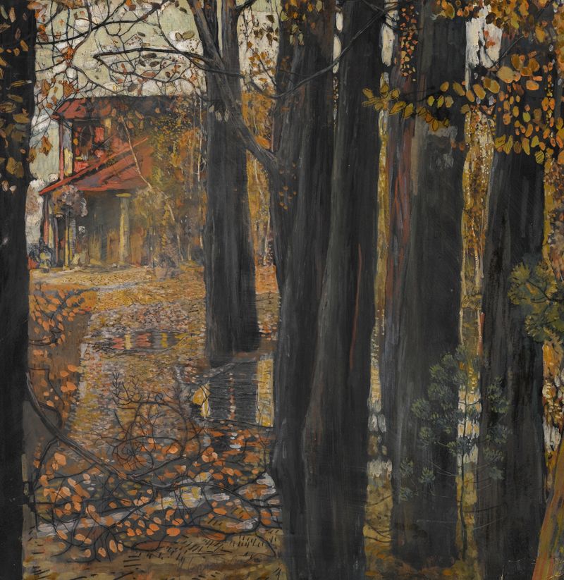 Paisaje de otoño en óleo de Isaak Izrailevich Brodsky con un río y hierbas doradas.