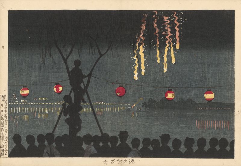 Fireworks At Ikenohata by Kobayashi Kiyochika, ukiyo-e depicting a vibrant night sky.
