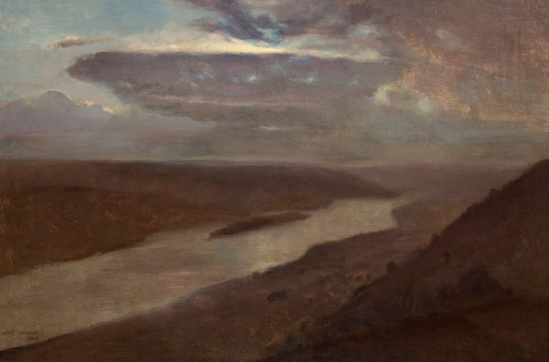 The Dniester River at Night, oil on canvas by Jozef Chelmonski, depicting a moonlit river landscape.