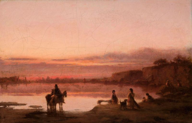 Landscape at sunset, oil on canvas by Wilhelm Leopolski, featuring vibrant colors and a serene horizon.