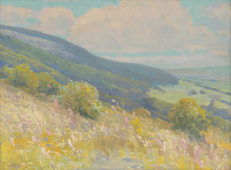Paisagem de Ľudovít Čordák, Pós-Impressionismo, retratando colinas suaves e árvores distantes.