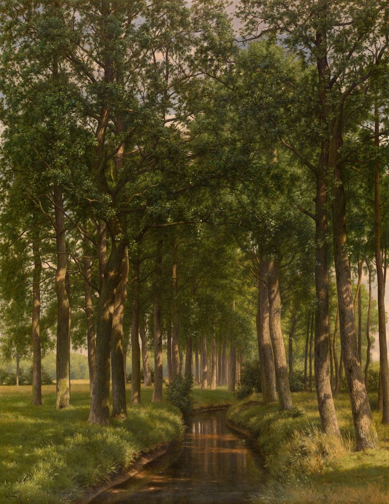 Landscape depicting sunlight filtering through greenery by Alfred Elsen