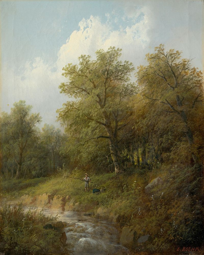 Mountain Brook with a Fisherman, oil painting by Eduard Boehm