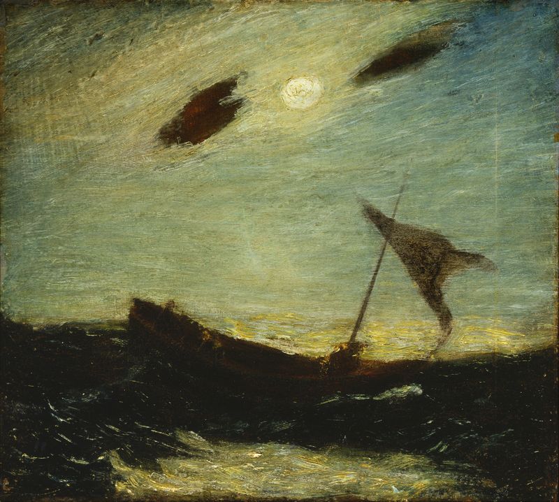 Moonlight by Albert Pinkham Ryder, oil on canvas depicting a serene night landscape with water.