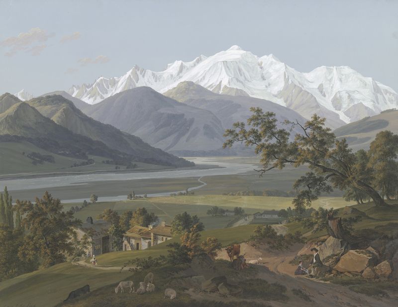 Oil painting by Jean-Antoine Linck depicting mountains and lush greenery.