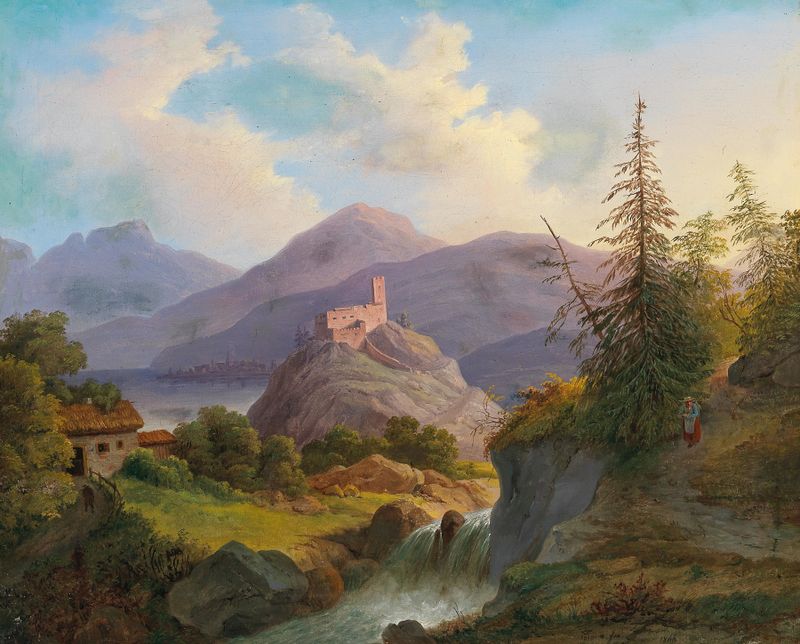 Paisagem com Torrente de Montanha e Castelo ao Longe, óleo de Matthias Rudolf Toma