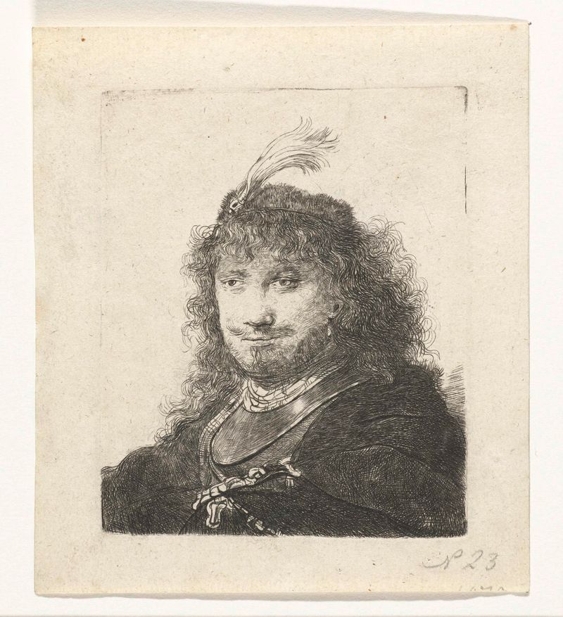 Autorretrato con capucha de plumas y sable bajado, grabado de artista desconocido