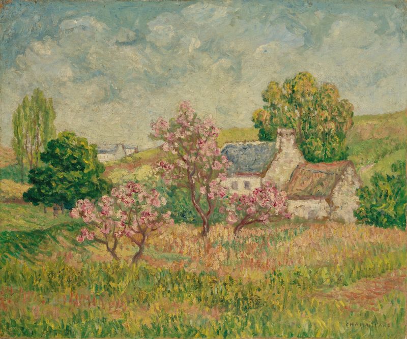 Escena botánica con flores vibrantes y vegetación de Ernest de Chamaillard, pintura al óleo