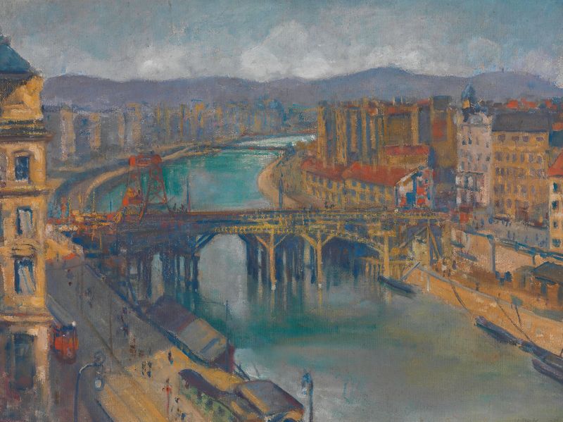 Obra de Modernismo de Karl Julius Heinrich Revy representando Marienbrücke com paisagem.
